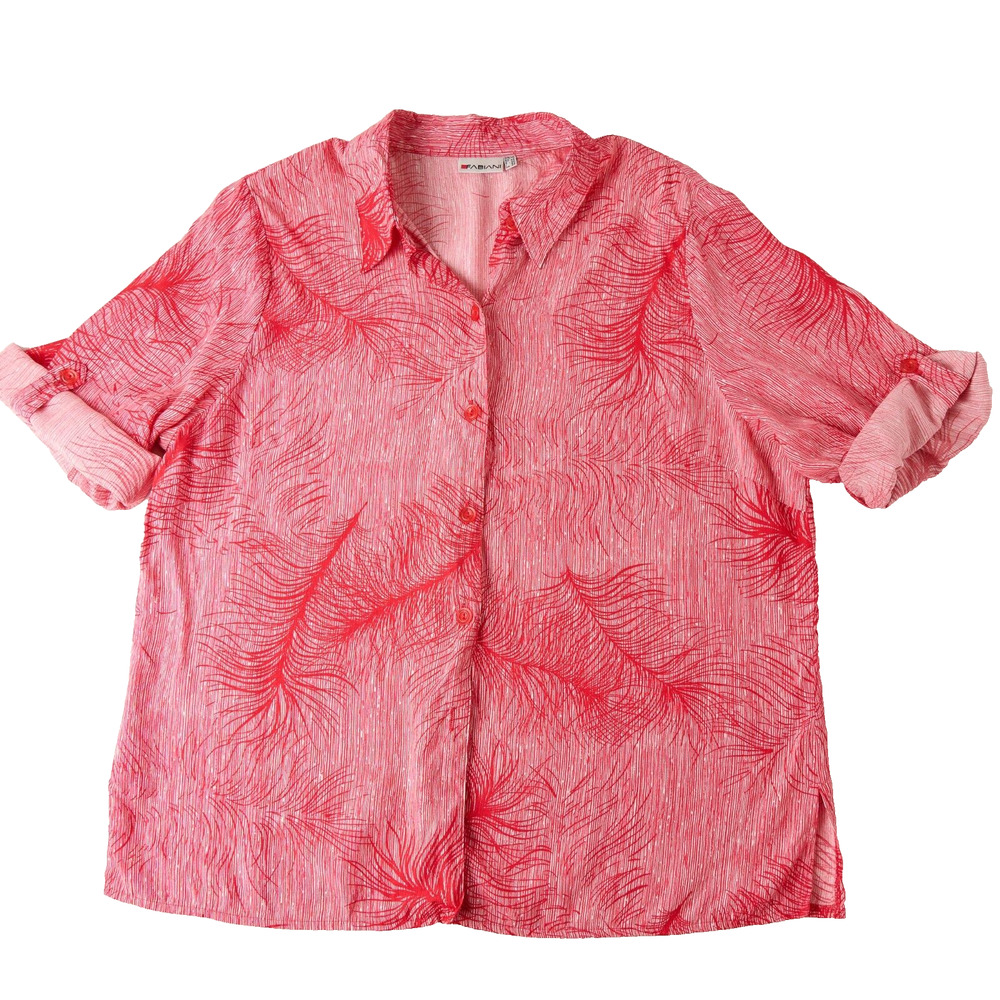Vtg Fabiani Womens XL Pink Feather Button-Up Shirt Roll Tab Sleeve Boho Retro